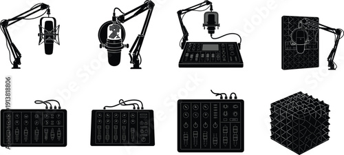 Black silhouette microphone boom arm mixer audio equipment soundproofing cube
