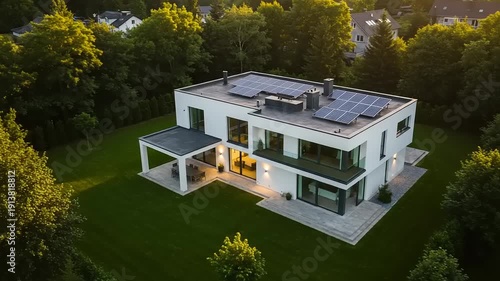 Aerial view of a modern house with solar panels on the roof surrounded by lush green trees and grass