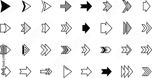 Vector icon set featuring a diverse collection of black and gray directional arrows with various styles, outlines, and fill patterns, isolated on a transparent background.