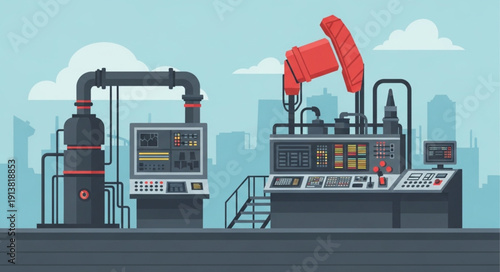 Industrial oil pumpjack and processing equipment illustration.