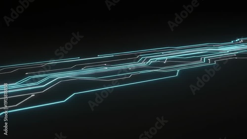 Futuristic circuit board pathways glowing with neon blue light, illuminated technology infrastructure, abstract digital landscape, high-tech environment, close-up viewpoint