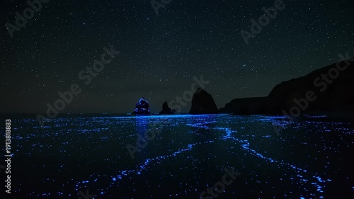 Bioluminescent waves glowing in the dark ocean at night with ships in the distance