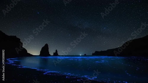 A serene nighttime seascape with glowing blue waves under a starry sky, surrounded by rocky cliffs, captured from a distant viewpoint.