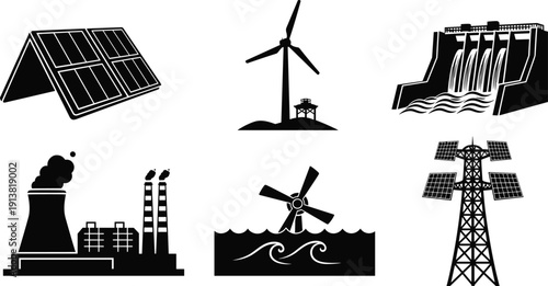 Collection of black and white for renewable and industrial energy sources solar panel