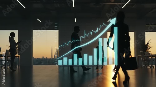 Business professionals walking in a modern office with a large graph displaying an upward trend in the foreground