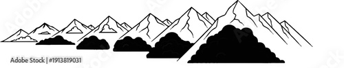 Stylized graphic of a mountain range with dark, cloud-like shapes at its base