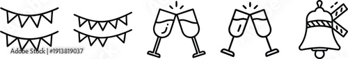 Celebration icons: festive bunting, clinking champagne glasses, and bell for party, wedding, or New Year's Eve events. on a transparent background