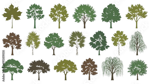 Collection of Various Tree Illustrations in Different Colors and Seasons Displayed from Multiple Angles