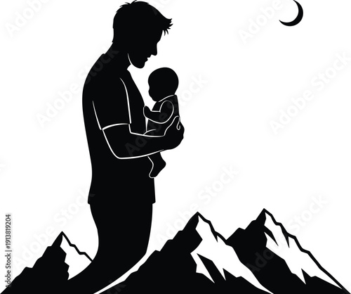 Father holding baby silhouette against moon and mountains