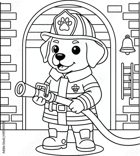 Cute cartoon vector illustration of a puppy firefighter wearing a helmet and holding a hose, standing in front of a fire station, ready for coloring activity.