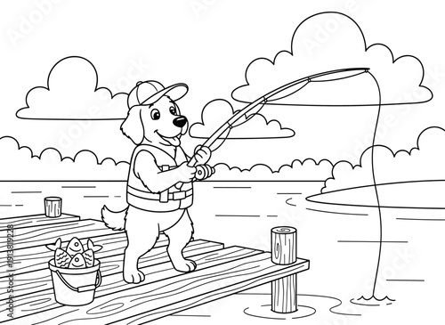 Happy cartoon golden retriever dog wearing a baseball cap and life vest, fishing from a wooden dock with a bucket of fish, vector illustration isolated on transparent background.