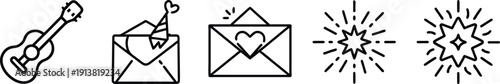 Celebration and message icons: guitar, party hat in envelope, heart envelope, and festive starbursts for greetings and special occasions. on a transparent background