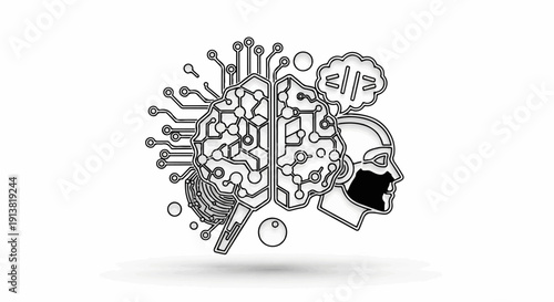 Stylized human head profile with circuit board brain and thought bubble