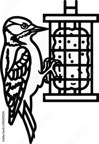 Stylized illustration of a bird at a feeder