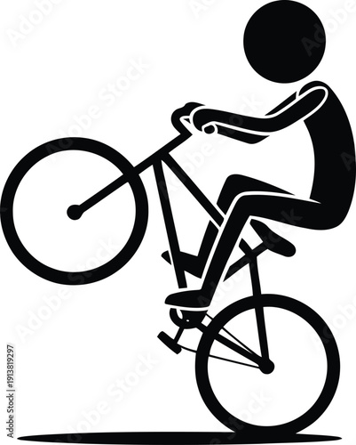 A solo black silhouette of a person maintains a bicycle wheelie with upright posture on a clean white ground