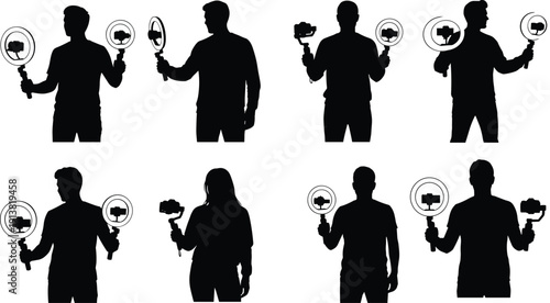 Silhouettes of people holding cameras and ring lights for filming