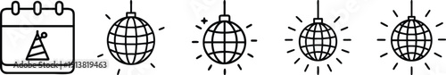 Party and event icons: calendar, disco ball with lights, for nightlife, celebrations, and festive graphic design. on a transparent background