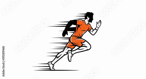Stylized illustration of a male athlete in mid-stride, orange sportswear, motion lines