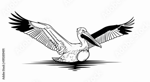 Stylized illustration of a pelican with wings outstretched, appearing to glide on water