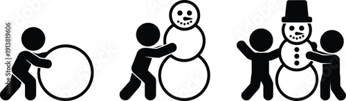 A stick figure adds the head to the snowman featuring a smiling face and buttons