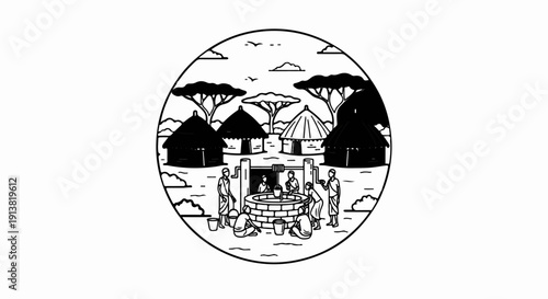 Stylized illustration of a village scene with huts, a well, people fetching water, and trees