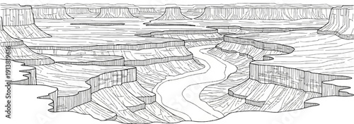 Stylized illustration of a vast canyon with a winding river carving through layered rock formations