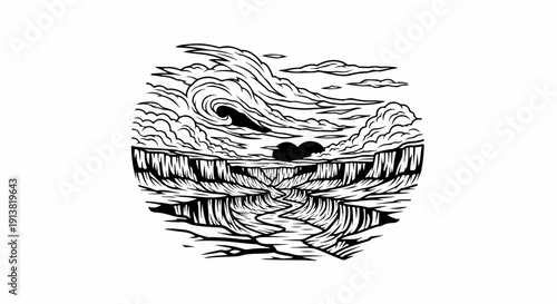 Stylized illustration of a winding river flowing through a dramatic canyon under a swirling sky