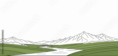 Stylized illustration of a winding river flowing through green fields toward distant mountains