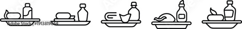 Skincare and beauty icons: soap, bottle, tray, for spa treatments, hygiene products, and beauty routines. on a transparent background