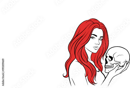 Stylized illustration of a woman with flowing red hair holding a human skull