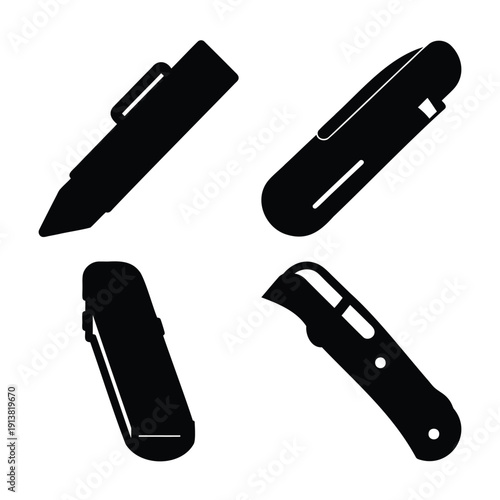 Essential utility knife and box cutter silhouettes for various cutting tasks and industrial uses