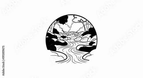Stylized illustration of a woodland stream flowing over rocks