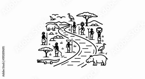 Stylized illustration of African wildlife and people with a winding path