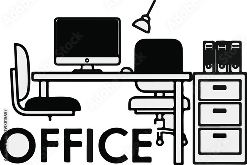 Stylized illustration of an office desk setup with computer, chair, and filing cabinet