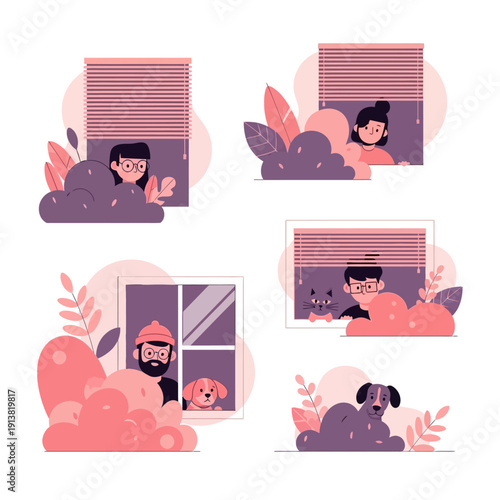 Modern Flat Vector Illustration of Hidden People Peeking Behind Plants and Windows