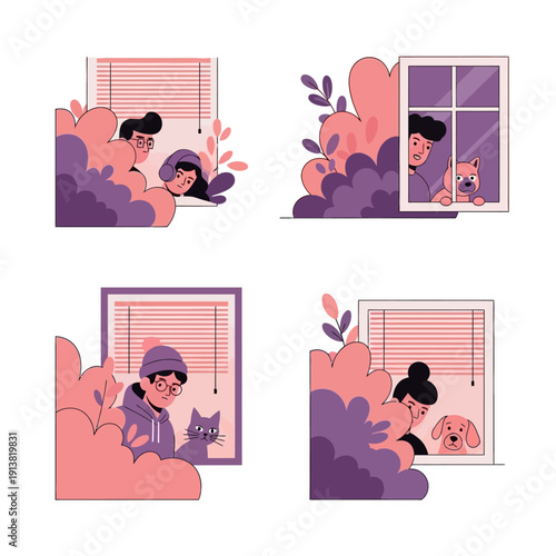 Modern Flat Vector Illustration of Hidden People Peeking Behind Plants and Windows