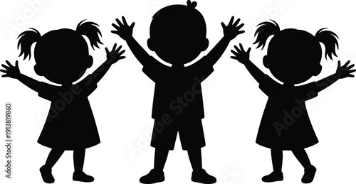 A vibrant group of young children expressing pure joy with their arms raised high