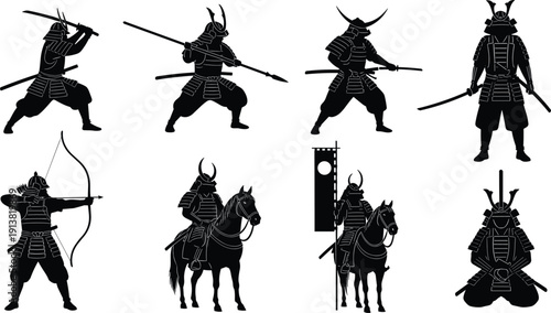 Black Silhouette Samurai Warriors in Various Poses and on Horseback japan japanese soldier