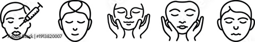Cosmetic injection icons: close-ups of faces receiving treatments like Botox and fillers for facial rejuvenation. on a transparent background