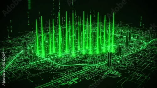 Aerial View of Neon Green Cityscape with Tall Buildings at Night