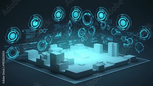 3D cityscape illustration with futuristic technology icons and data visualization elements on a digital landscape