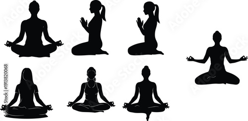 Seven black silhouette female yoga poses meditation prayer woman