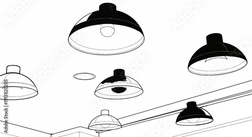 Stylized interior scene with multiple dome-shaped lights hanging from ceiling