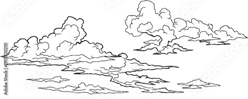 Stylized ink drawing of wispy, dramatic clouds in various formations