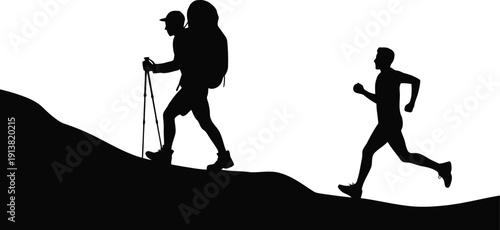 An energetic hiker with a large backpack and poles walks uphill while a fit person runs nearby