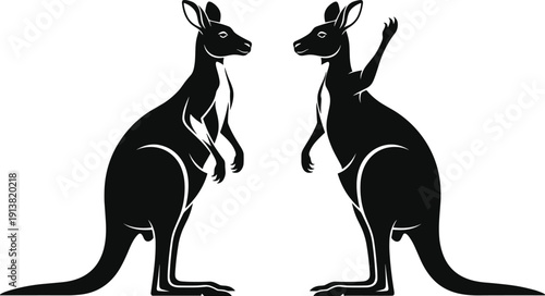 Minimalist black and white vector illustration featuring two kangaroo silhouettes facing each other, one kangaroo waving, isolated on a clean white background, graphic art.