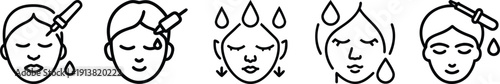 Facial serum application icons: dropper bottle, injections, and faces with water drops for hydration and beauty treatments. on a transparent background