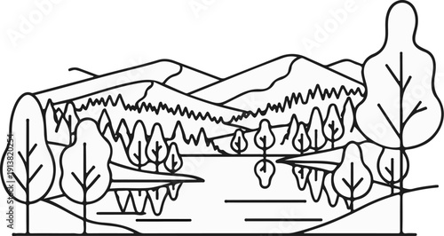 Stylized landscape with mountains, trees, and water reflections