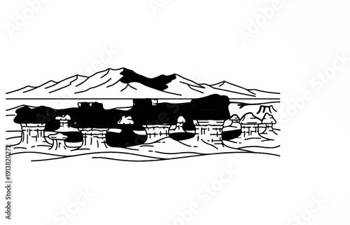 Stylized landscape with mountains and unusual rock formations