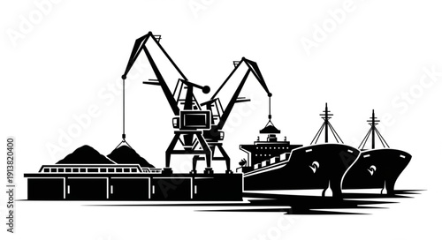 Industrial harbor with cranes and cargo ship docked.